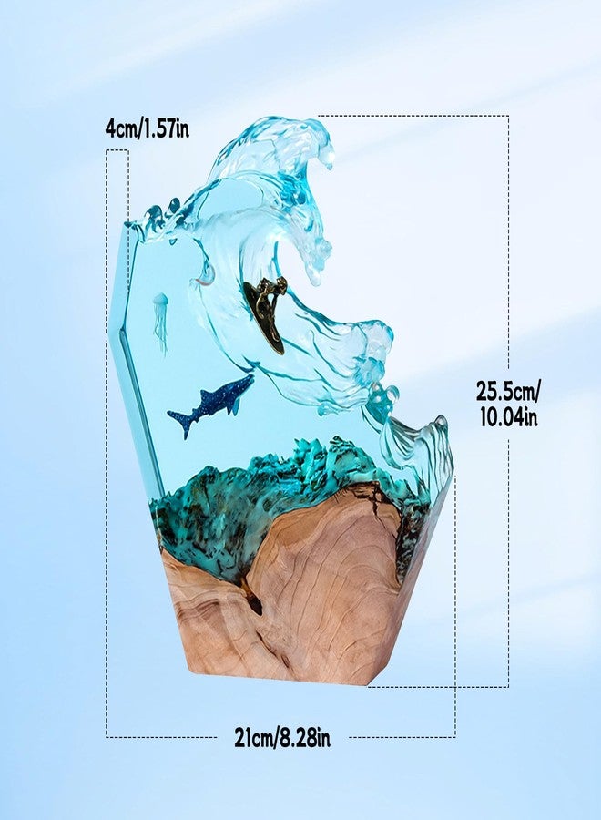 dcvbny Resin LED Ocean Surfing Night Lights,Handmade Wooden Epoxy Resin Bedside Table Lamp,3D Art Ornaments Office Bedroom Room Party Decor for Surfer Men Women Boys Girls (10-inch Surfing) - Image 2