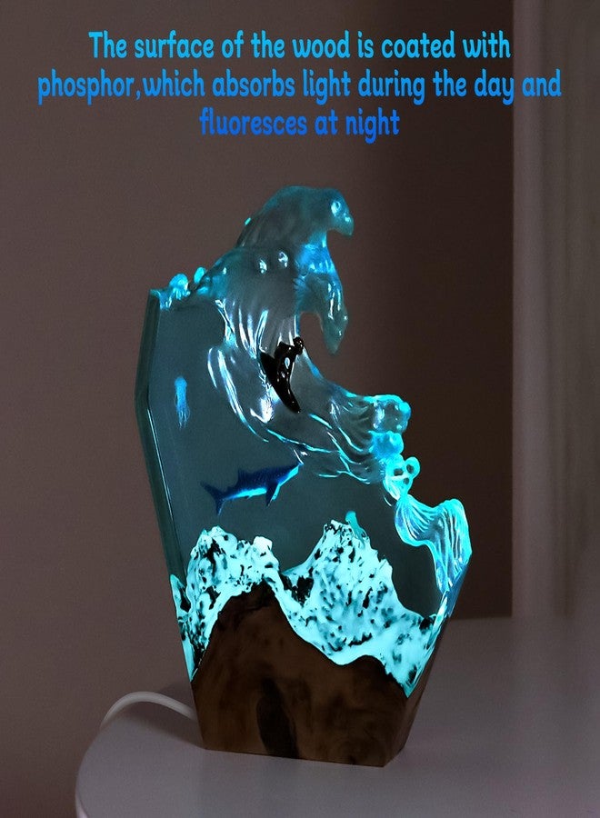 dcvbny Resin LED Ocean Surfing Night Lights,Handmade Wooden Epoxy Resin Bedside Table Lamp,3D Art Ornaments Office Bedroom Room Party Decor for Surfer Men Women Boys Girls (10-inch Surfing) - Image 3