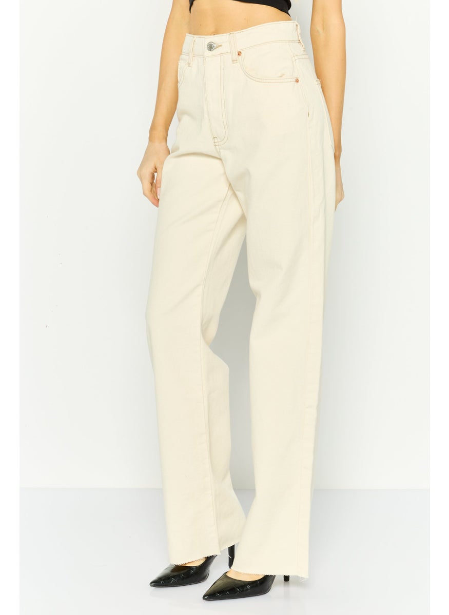 Stradivarius - Women Long Straight Fit Plain Denim Jeans, Cream - Image 1