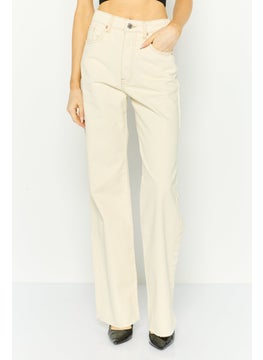 Women Long Straight Fit Plain Denim Jeans, Cream