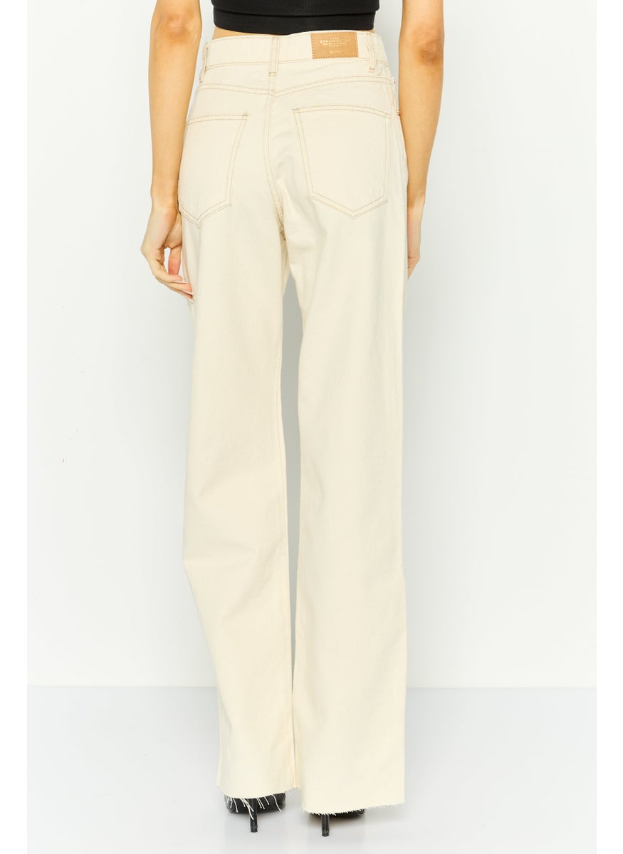 Stradivarius - Women Long Straight Fit Plain Denim Jeans, Cream - Image 1