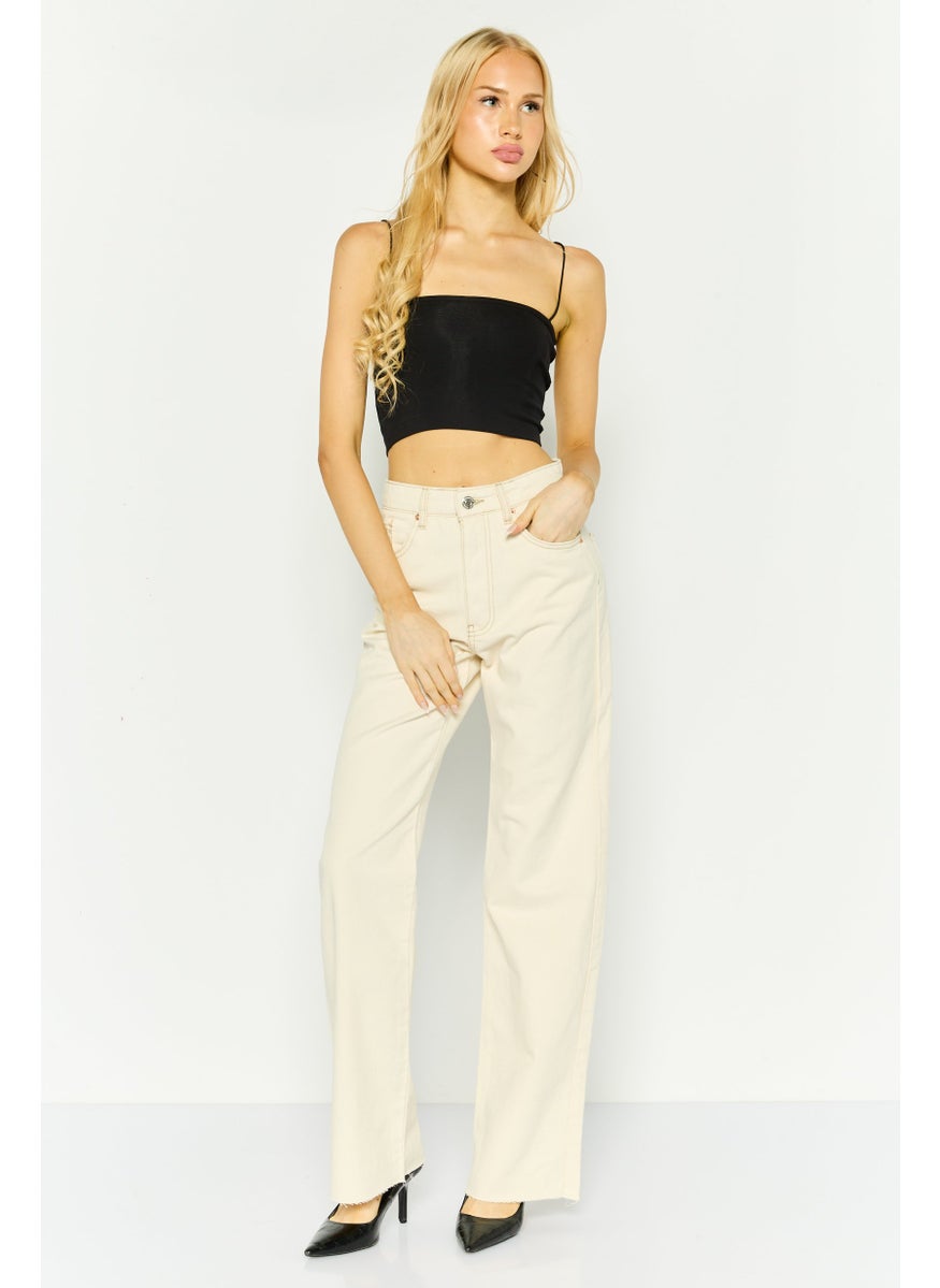Stradivarius - Women Long Straight Fit Plain Denim Jeans, Cream - Image 1