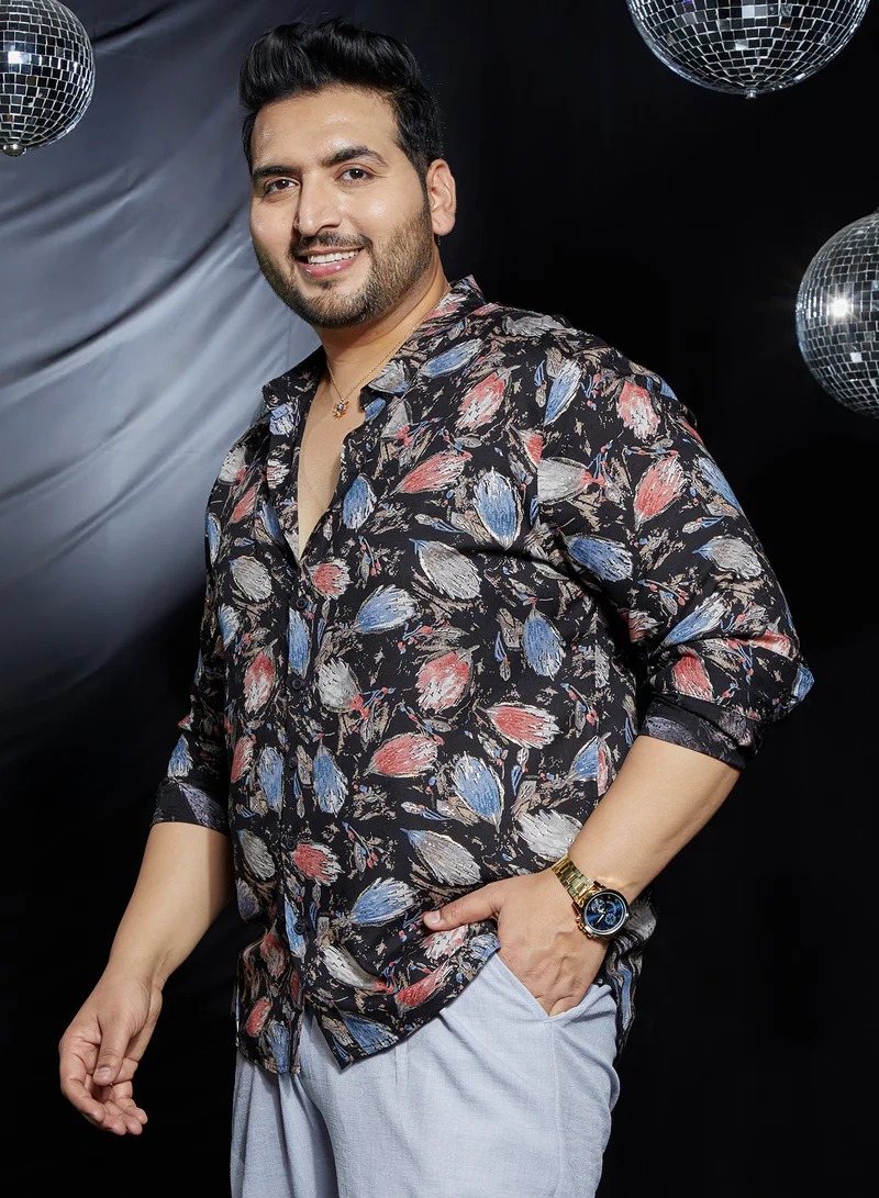 Instafab Plus Instafab Plus Men's Onyx Black Bloom-Traces Regular Shirt For Casual Wear | Spread Collar | Long Cuffed Sleeves | Button Closure | Plus Size Shirt Crafted With Comfort Fit For Everyday Wear