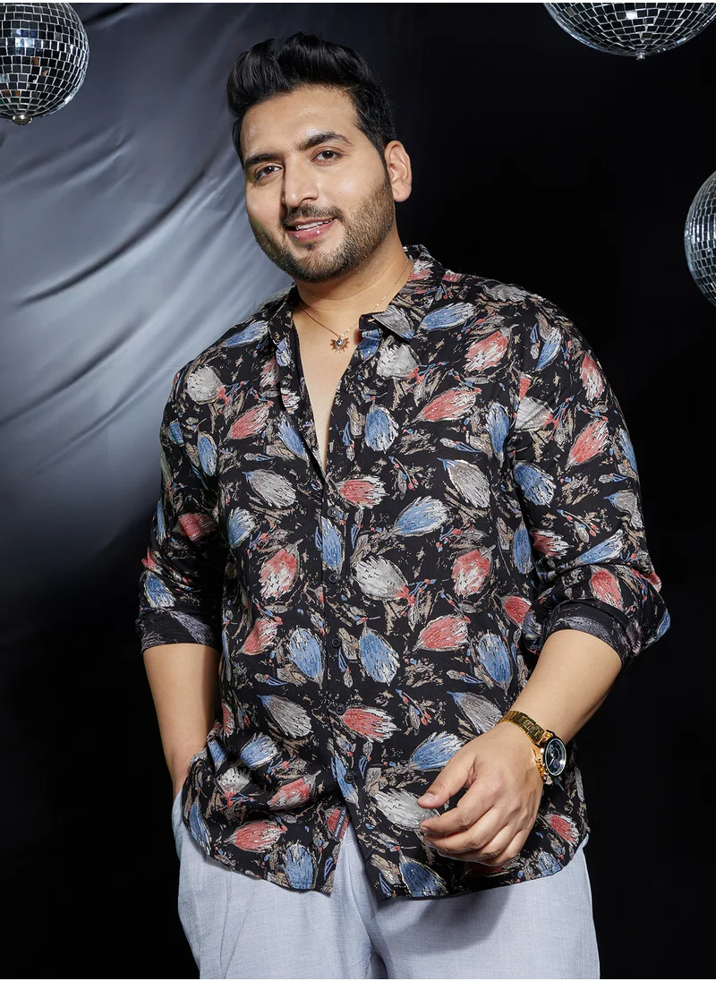 انستافاب بلس Instafab Plus Men's Onyx Black Bloom-Traces Regular Shirt For Casual Wear | Spread Collar | Long Cuffed Sleeves | Button Closure | Plus Size Shirt Crafted With Comfort Fit For Everyday Wear