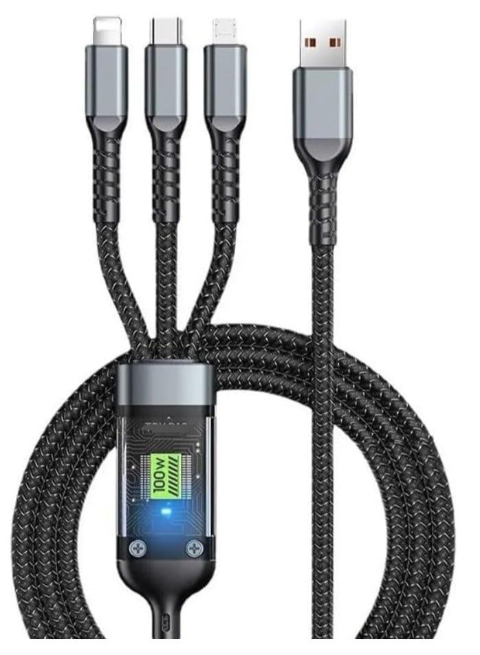 3 in 1 USB cable for fast charging with a power of 100 watts for IOS and Android systems, widely compatible, with overcharge protection - Black - Image 1