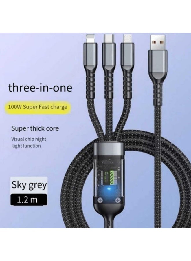 3 in 1 USB cable for fast charging with a power of 100 watts for IOS and Android systems, widely compatible, with overcharge protection - Black - Image 3