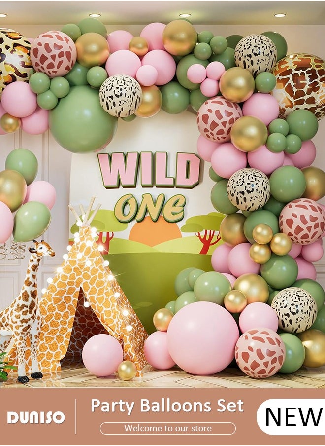 DUNISO Safari Jungle Balloon Garland Arch Kit, Animal Printed Sage Green Pink Gold Balloons, Jungle Theme Party Supplies for Baby Shower Birthday Party Decorations  - Image 1