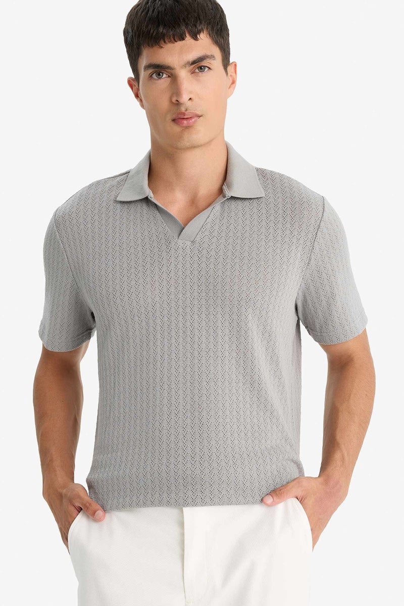 DeFacto Grey Man Knitwear Look Short Sleeve Polo T-Shirt Casual - Image 1