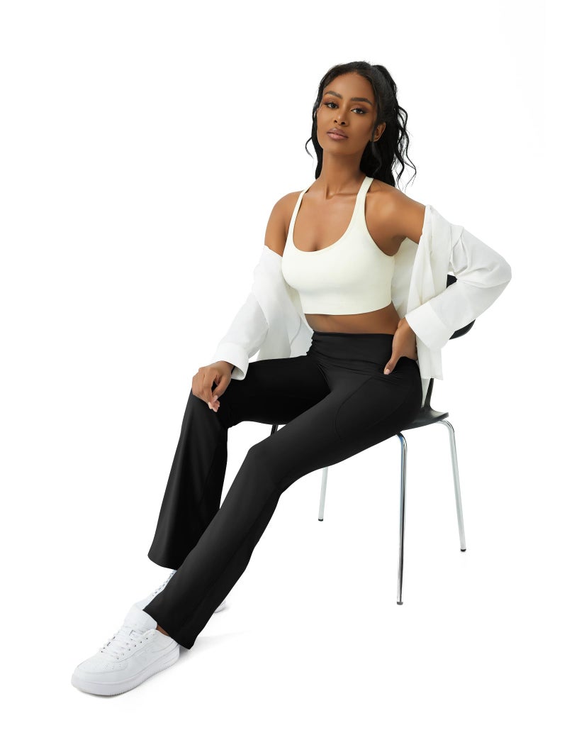 COPYLEAF Womens Yoga Pants with Pockets High Waisted Flare Leggings Bell Bottom Yoga Dress Pants Seamless Bootcut Pants(Black L) - Image 3