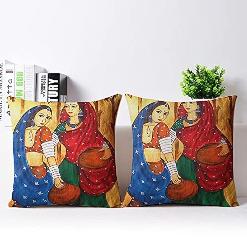 The Purple Tree Ethnic Printed Jute Cushion Covers (16X16 Inch, Pack Of 2) Cushion Covers, Jute Cushion Covers, Sofa Cushion Covers, Diwali Cushion Cover Lr341, 220 TC, Blue - Image 3