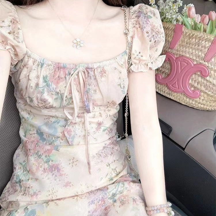 Puff Sleeve Square Neck Floral Print Dress for Women, Summer Tea Party Beach Vacation Maxi Dress - Image 2