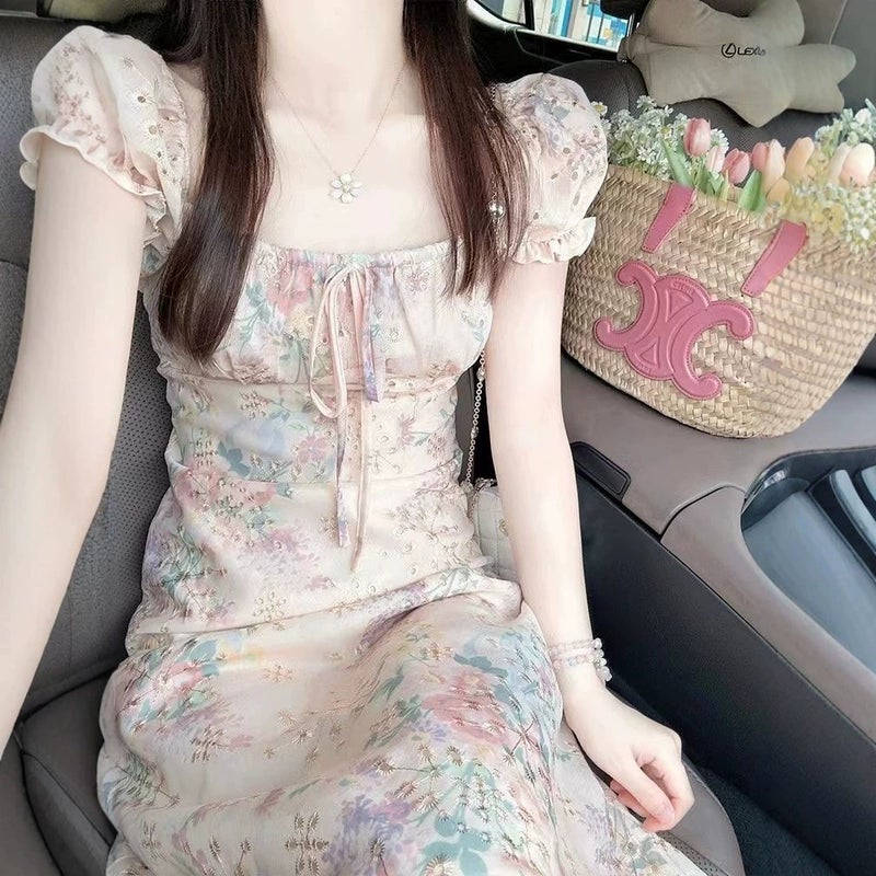 Puff Sleeve Square Neck Floral Print Dress for Women, Summer Tea Party Beach Vacation Maxi Dress - Image 1