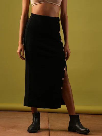 globus Women Self Design Button Detail Mid-Rise Side Slit Midi Pencil Skirt