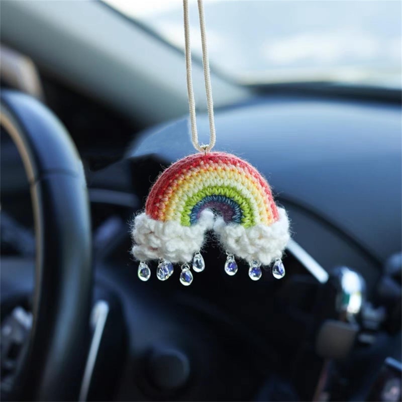 Mshion Car Rear View Mirror Hanging Accessory  Cute Rainbow Car Accessories  Crochet Car Decor  Hand Knitted Car Mirror Hanger - Image 1