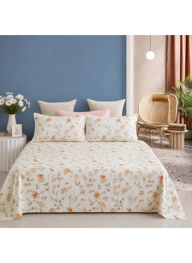 3-Piece 150 GSM Microfiber King Size Bed Sheet Set - Elegant Orange Floral Botanical Print, Includes 1 Flat Sheet (270x250 CM) & 2 Pillowcases (50x75 CM) - Image 1