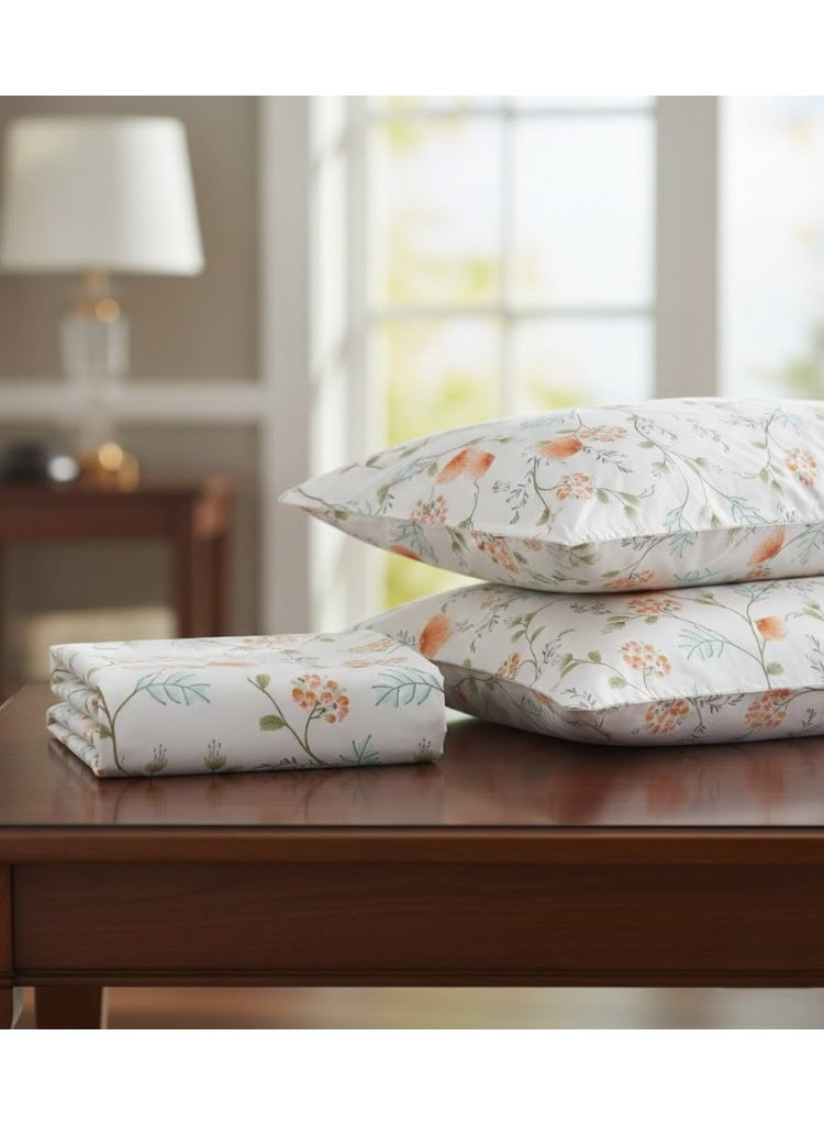 3-Piece 150 GSM Microfiber King Size Bed Sheet Set - Elegant Orange Floral Botanical Print, Includes 1 Flat Sheet (270x250 CM) & 2 Pillowcases (50x75 CM) - Image 3