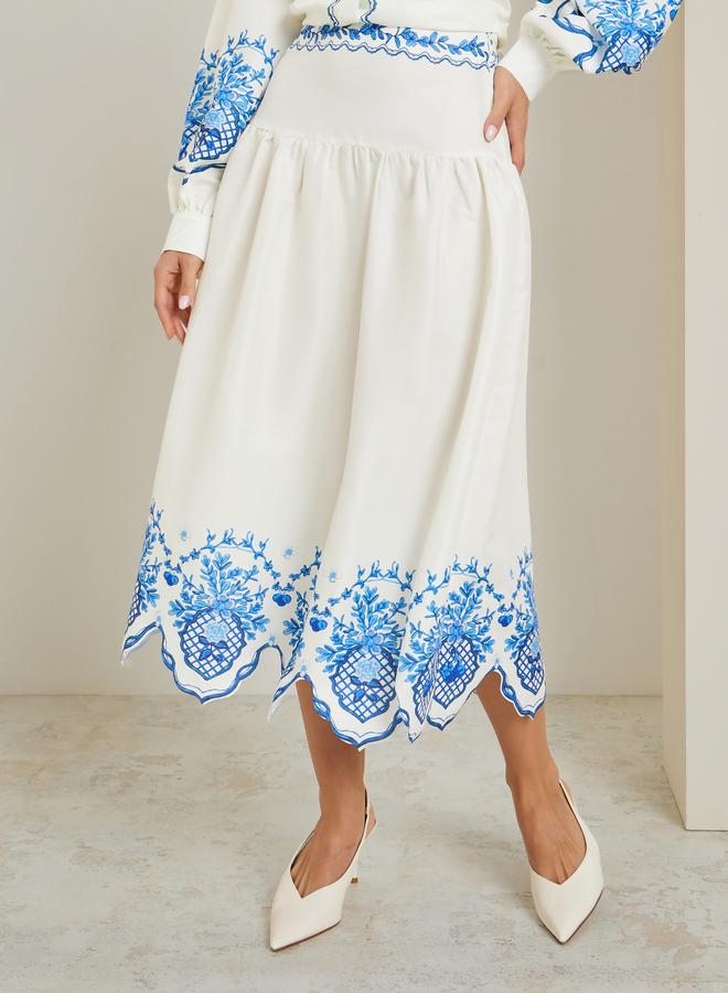 Styli Cream Embroidered Hem Flared Midi Skirt - Image 2