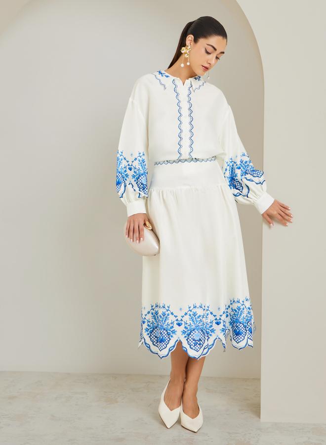 Styli Cream Embroidered Hem Flared Midi Skirt - Image 1