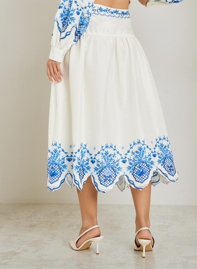 Styli Cream Embroidered Hem Flared Midi Skirt - Image 4