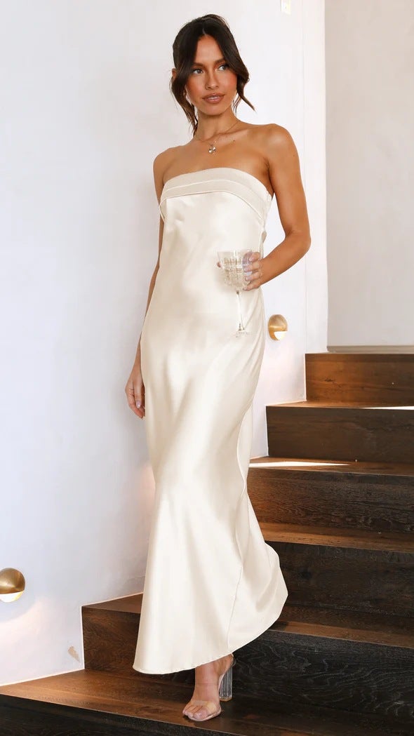 24 Spring and Summer New European and American Export Elegant Socialite Satin Cut Out Backless Tube Top Dress 23082 Long Apricot