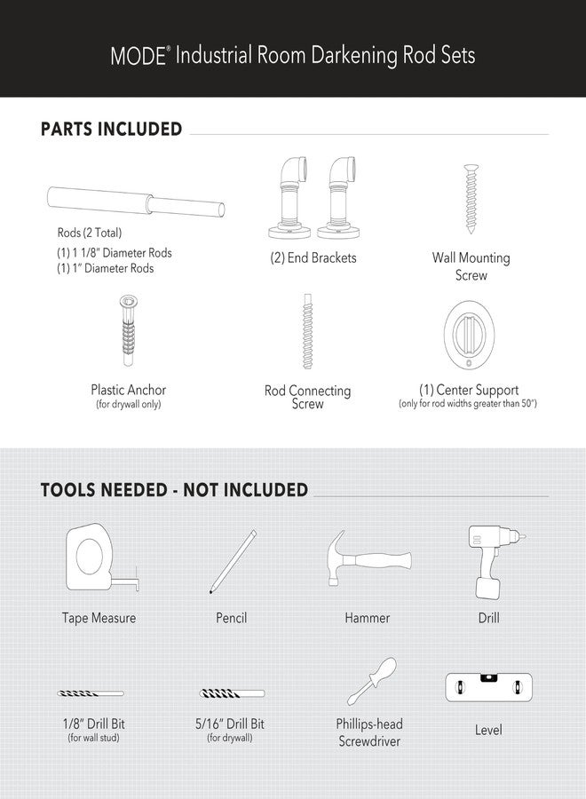 مود مجموعة MODE الصناعية لتعتيم الغرف، قضيب ستارة صناعي بقطر 1 1/8 بوصة مع قضيب ستارة فولاذي قابل للتمديد يُثبت على الحائط، يحجب الضوء، يناسب النوافذ من 36 بوصة إلى 72 بوصة، لون جرافيت - Image 5