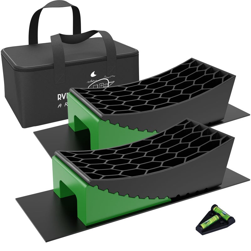 RVMATE Camper Levelers 8Piece Kit RV Leveling Blocks Camper Wheel Chocks Including Two Curved Levelers Two Chocks and Two Rubber Grip Mats in Storage Carrying Bag - Image 2