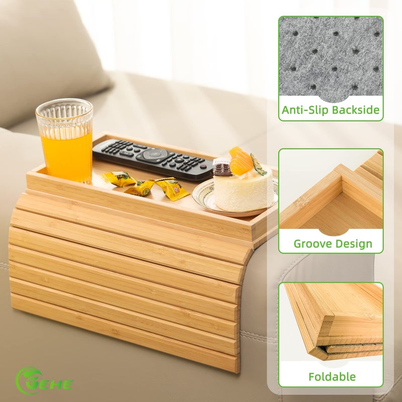 GEHE Natural Bamboo Sofa Armrest Rest, Sofa Shelf Table for Couch, Sofa Armrest Tray Table Non-Slip Sofa Table, Couch Drink Holder for Snacks, Mobile Phone, Control, Cups, Flexible and Foldable - Image 2