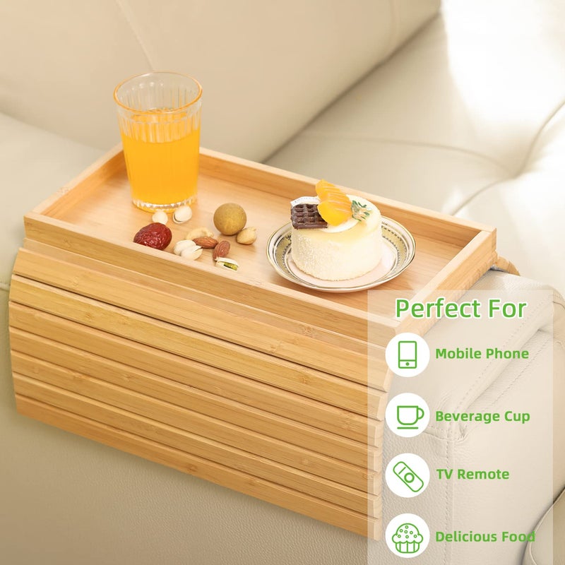 GEHE Natural Bamboo Sofa Armrest Rest, Sofa Shelf Table for Couch, Sofa Armrest Tray Table Non-Slip Sofa Table, Couch Drink Holder for Snacks, Mobile Phone, Control, Cups, Flexible and Foldable - Image 3