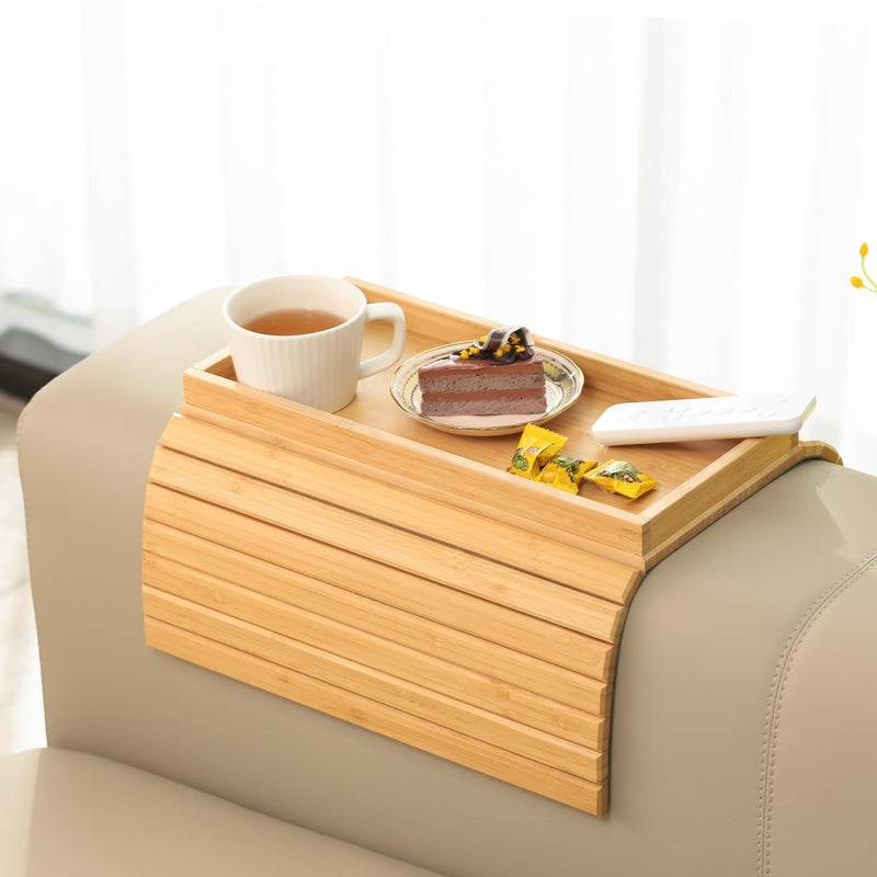 GEHE Natural Bamboo Sofa Armrest Rest, Sofa Shelf Table for Couch, Sofa Armrest Tray Table Non-Slip Sofa Table, Couch Drink Holder for Snacks, Mobile Phone, Control, Cups, Flexible and Foldable - Image 1