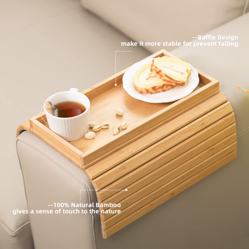 GEHE Natural Bamboo Sofa Armrest Rest, Sofa Shelf Table for Couch, Sofa Armrest Tray Table Non-Slip Sofa Table, Couch Drink Holder for Snacks, Mobile Phone, Control, Cups, Flexible and Foldable - Image 5