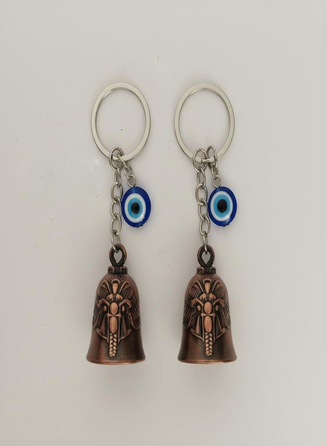 AEROSTARK Combo of 2 Bronze Bike Guardian Bell for Bike with Evil Eye Keychain | Motorcycle Safety Bells for Riders | Lucky Charm Key Ring for Bike Car Scooter | Antique Metal Biker Gift for Men - Image 3