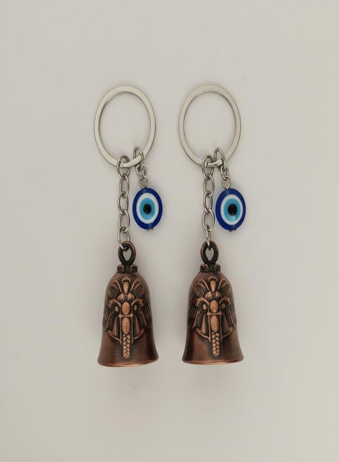 AEROSTARK Combo of 2 Bronze Bike Guardian Bell for Bike with Evil Eye Keychain | Motorcycle Safety Bells for Riders | Lucky Charm Key Ring for Bike Car Scooter | Antique Metal Biker Gift for Men - Image 2