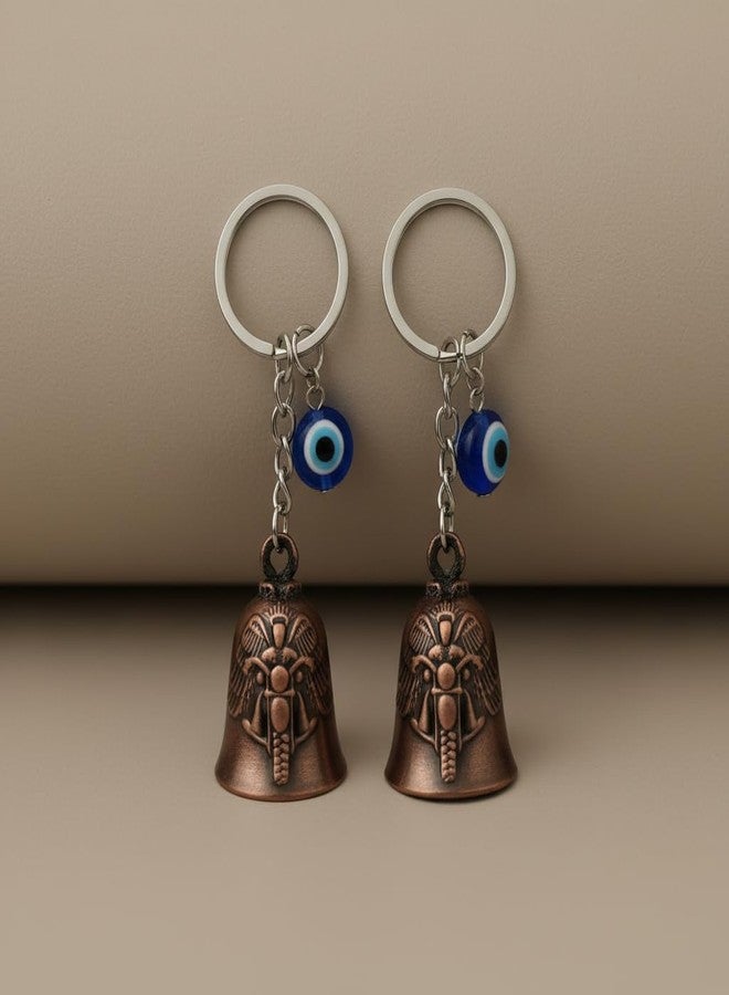 AEROSTARK Combo of 2 Bronze Bike Guardian Bell for Bike with Evil Eye Keychain | Motorcycle Safety Bells for Riders | Lucky Charm Key Ring for Bike Car Scooter | Antique Metal Biker Gift for Men - Image 1