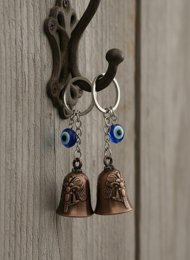 AEROSTARK Combo of 2 Bronze Bike Guardian Bell for Bike with Evil Eye Keychain | Motorcycle Safety Bells for Riders | Lucky Charm Key Ring for Bike Car Scooter | Antique Metal Biker Gift for Men - Image 5