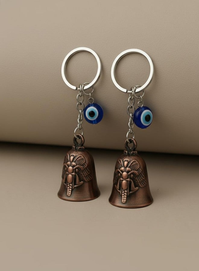 AEROSTARK Combo of 2 Bronze Bike Guardian Bell for Bike with Evil Eye Keychain | Motorcycle Safety Bells for Riders | Lucky Charm Key Ring for Bike Car Scooter | Antique Metal Biker Gift for Men - Image 4