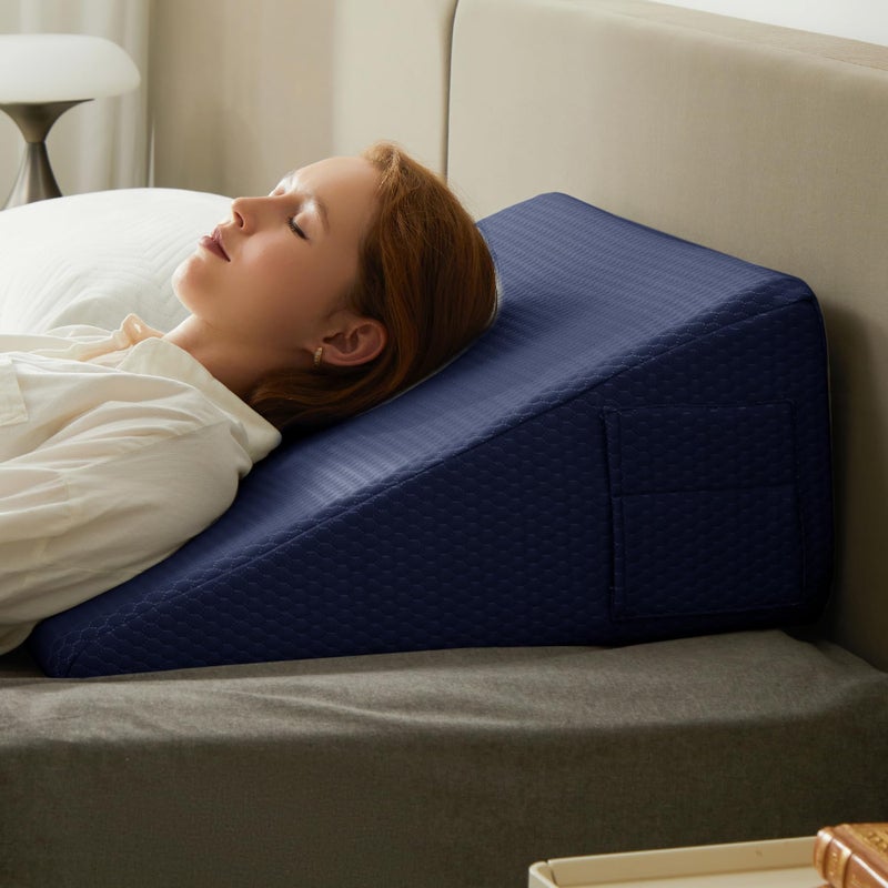 Bedluxe Wedge Pillow 10 inch Bed Wedge Pillow for Headboard Pillow Wedge for Acid Reflux Relief Sleeping After Surgery Snoring Gerd Triangle Pillow Wedge Cooling Memory Foam Top Navy - Image 3