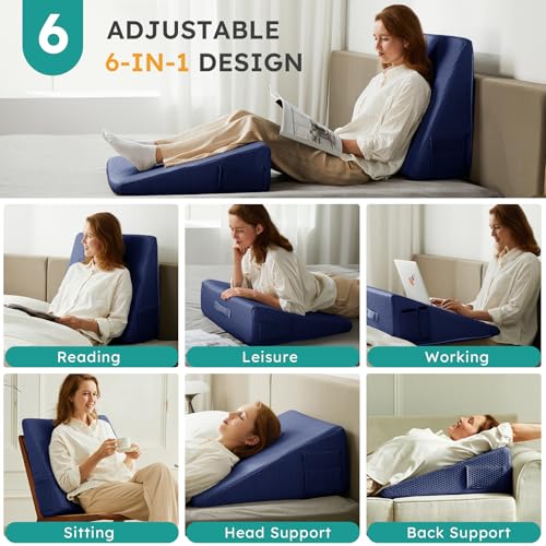 Bedluxe Wedge Pillow 10 inch Bed Wedge Pillow for Headboard Pillow Wedge for Acid Reflux Relief Sleeping After Surgery Snoring Gerd Triangle Pillow Wedge Cooling Memory Foam Top Navy - Image 5