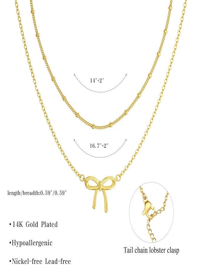 MBW 14K Gold Plated Bow Necklaces for Women, Layered Dainty Bow Pendant Necklaces for Women Non Tarnish Double Chains Cute Bow Choker Necklace Trendy Waterproof Fashion Jewelry for Women - Image 3