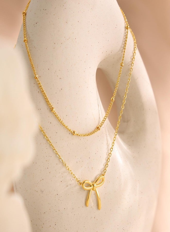 MBW 14K Gold Plated Bow Necklaces for Women, Layered Dainty Bow Pendant Necklaces for Women Non Tarnish Double Chains Cute Bow Choker Necklace Trendy Waterproof Fashion Jewelry for Women - Image 4