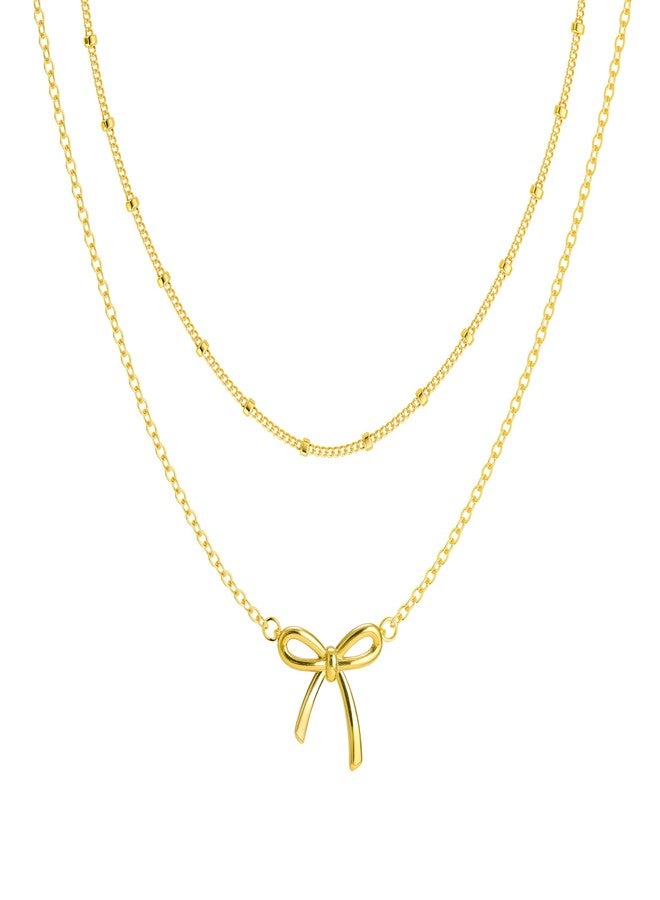 MBW 14K Gold Plated Bow Necklaces for Women, Layered Dainty Bow Pendant Necklaces for Women Non Tarnish Double Chains Cute Bow Choker Necklace Trendy Waterproof Fashion Jewelry for Women - Image 1