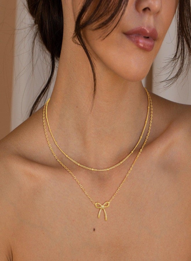 MBW 14K Gold Plated Bow Necklaces for Women, Layered Dainty Bow Pendant Necklaces for Women Non Tarnish Double Chains Cute Bow Choker Necklace Trendy Waterproof Fashion Jewelry for Women - Image 5