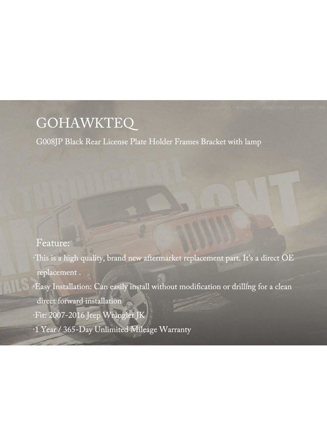 GOHAWKTEQ G008JP Black Rear License Plate Holder Frames Bracket with lamp for 2007-2016 Jeep Wrangler JK License Plates Mounting Bracket - Image 3