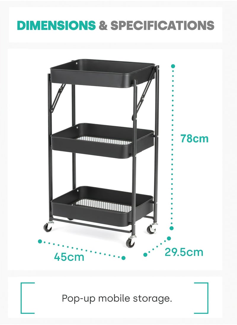 Foldable 3 Tier Rolling Cart, Metal Utility Kitchen Cart, Multi-Function Storage Trolley Organizer Cart for Home Library Office Black Color