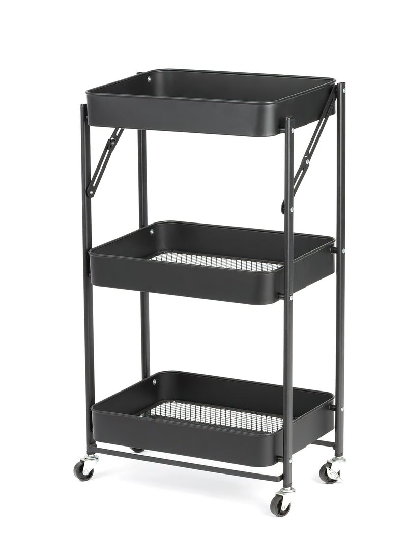 Foldable 3 Tier Rolling Cart, Metal Utility Kitchen Cart, Multi-Function Storage Trolley Organizer Cart for Home Library Office Black Color