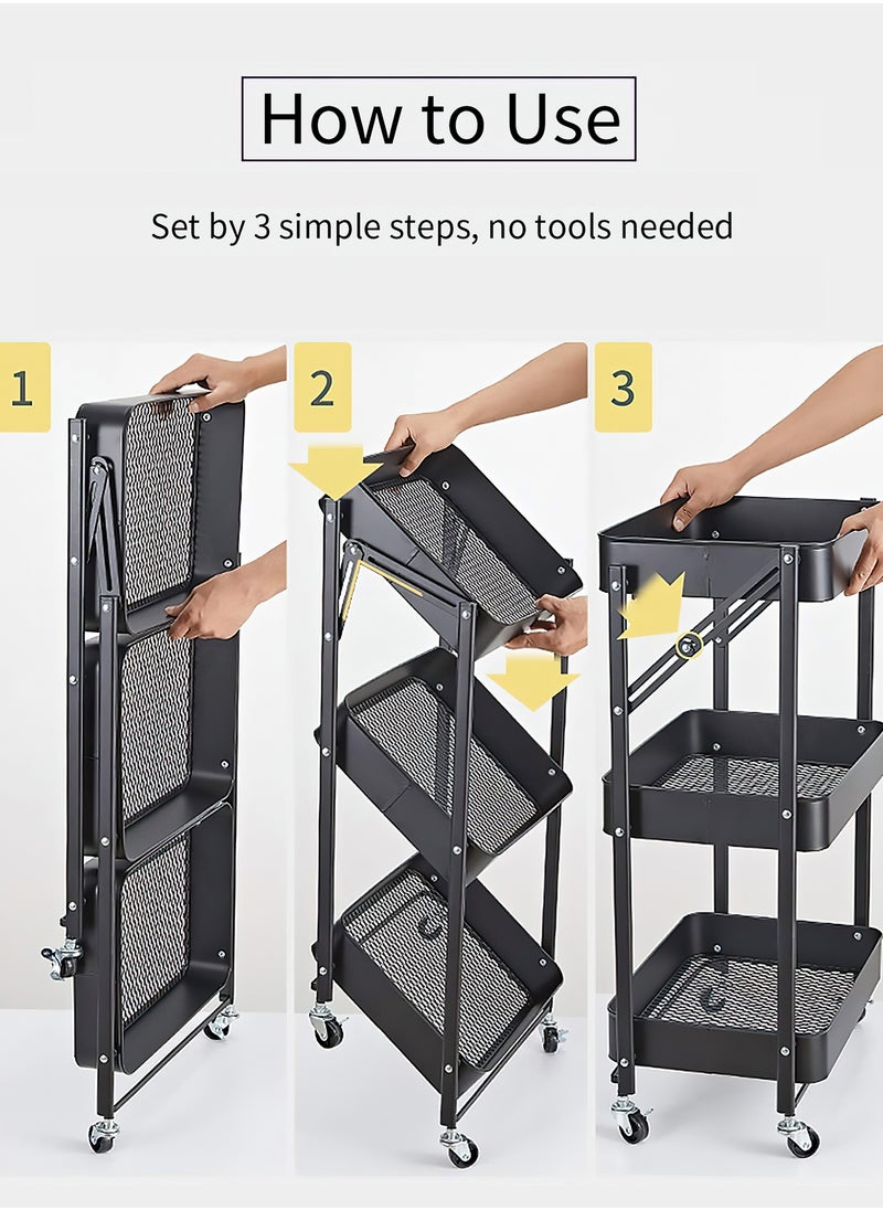 Foldable 3 Tier Rolling Cart, Metal Utility Kitchen Cart, Multi-Function Storage Trolley Organizer Cart for Home Library Office Black Color