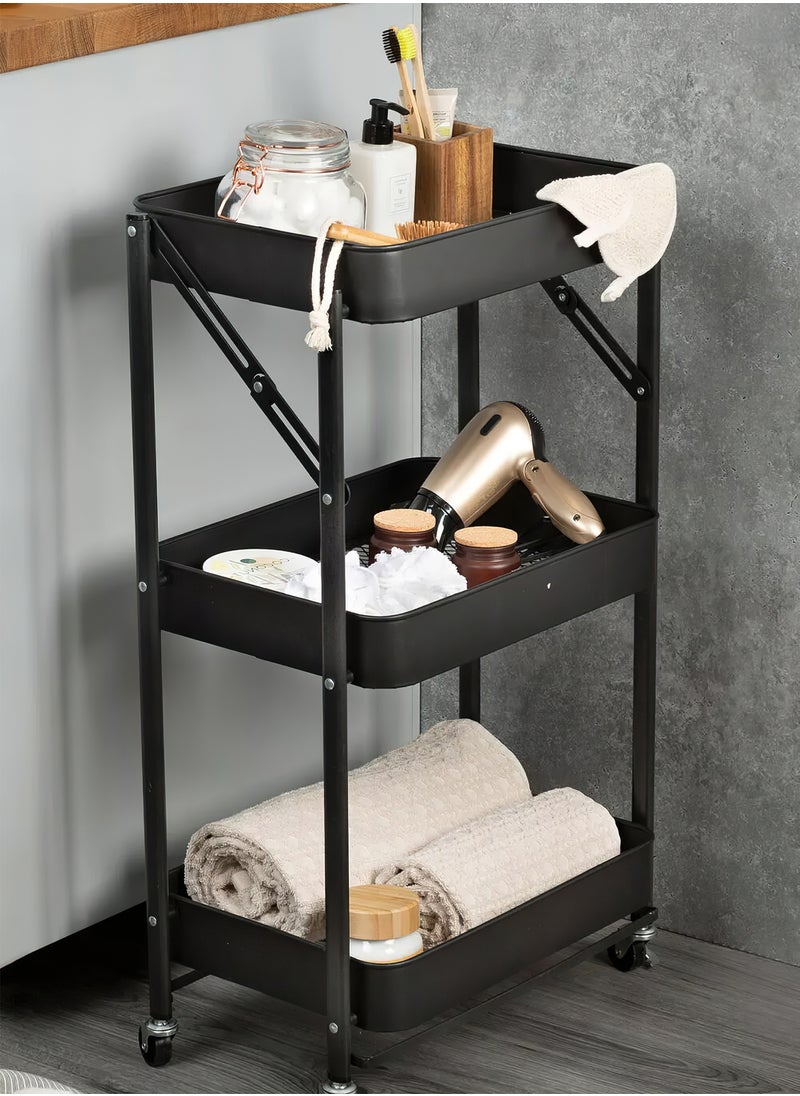 Foldable 3 Tier Rolling Cart, Metal Utility Kitchen Cart, Multi-Function Storage Trolley Organizer Cart for Home Library Office Black Color
