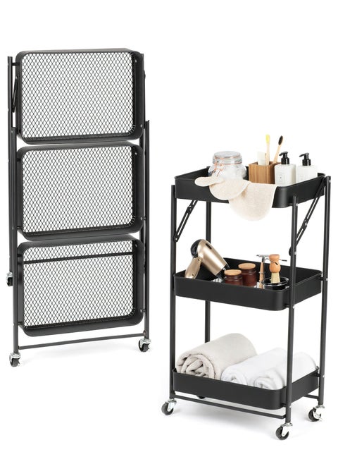 Foldable 3 Tier Rolling Cart, Metal Utility Kitchen Cart, Multi-Function Storage Trolley Organizer Cart for Home Library Office Black Color