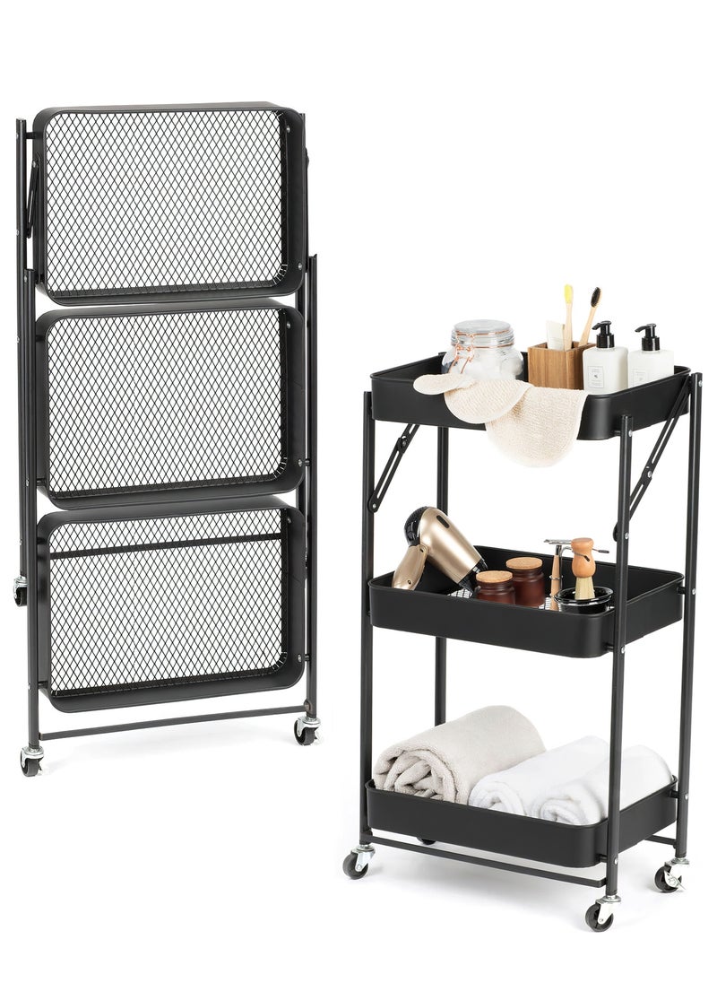 Foldable 3 Tier Rolling Cart, Metal Utility Kitchen Cart, Multi-Function Storage Trolley Organizer Cart for Home Library Office Black Color