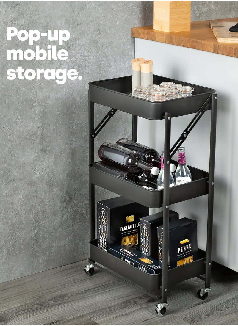 Foldable 3 Tier Rolling Cart, Metal Utility Kitchen Cart, Multi-Function Storage Trolley Organizer Cart for Home Library Office Black Color