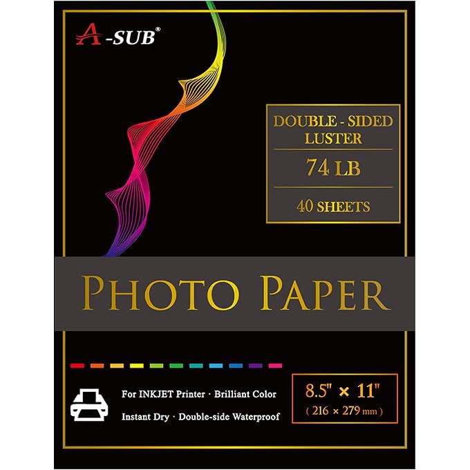 A-SUB Premium Double Sided Photo Paper Luster 8.5 x 11 Inch 74lb for Inkjet Printers 40 Sheets
